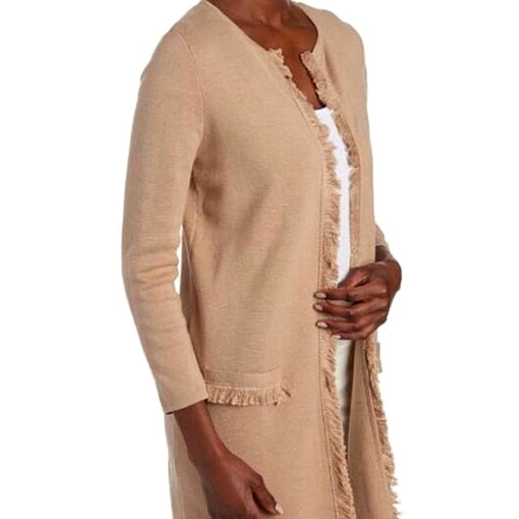 Tan Fringed Long Cardigan Sweater | Large - Picture 5 of 16
